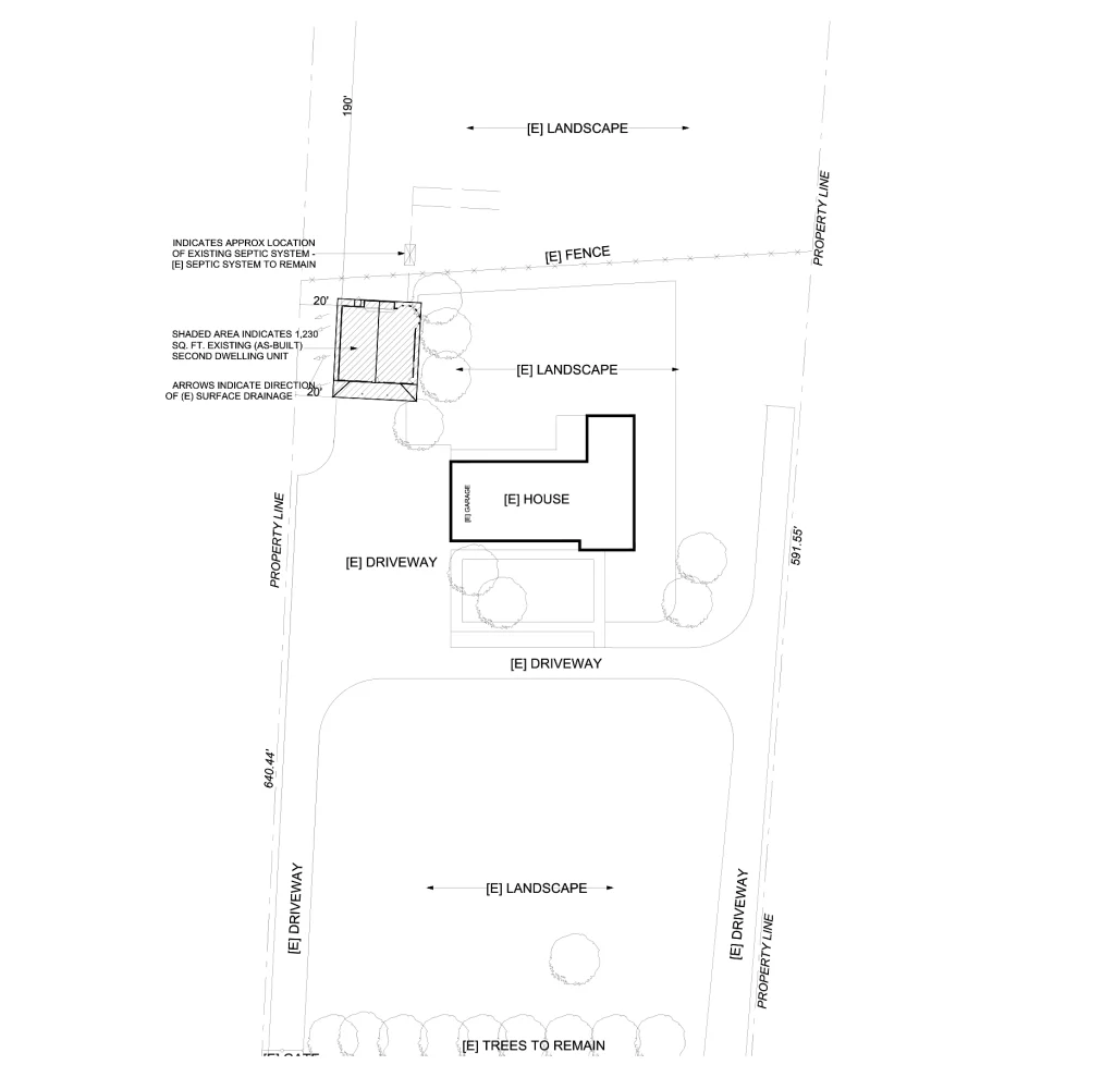 Residential lot layout drawing with existing house, driveways and fences