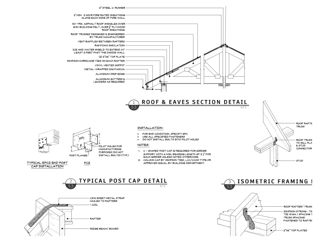 Roof and eave section detail with post cap and framing connections