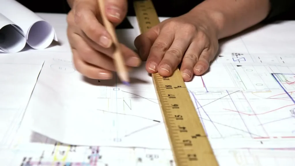 Drafter measuring and drawing construction plans with a ruler