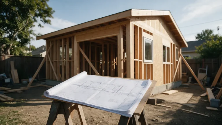 Backyard ADU under construction with permit drawings on a sawhorse