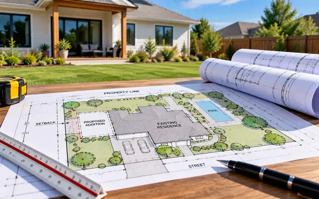 what is a site plan? site plan showing property boundaries, building setbacks, existing house, proposed addition, swimming pool, and driveway.