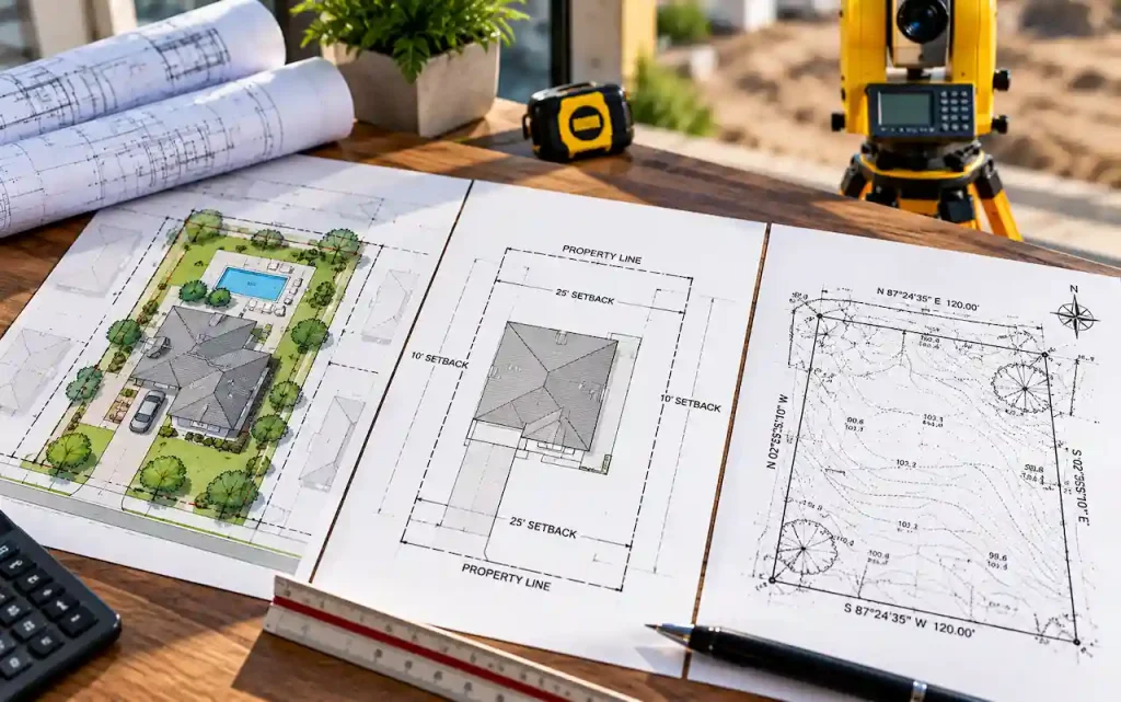 Comparison of a residential site plan, plot plan showing property lines and setbacks, and land survey with boundary measurements and elevations.