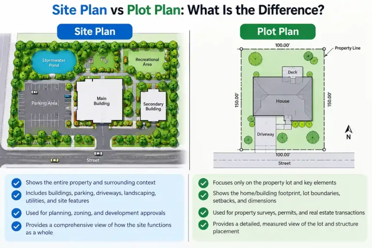 Site plan vs plot plan comparison showing property boundaries, building locations, landscaping, driveways, and lot dimensions.