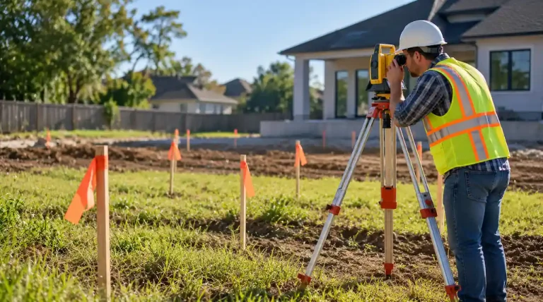 Professional land surveyor measuring a residential property using surveying equipment and boundary markers survey for site plan.