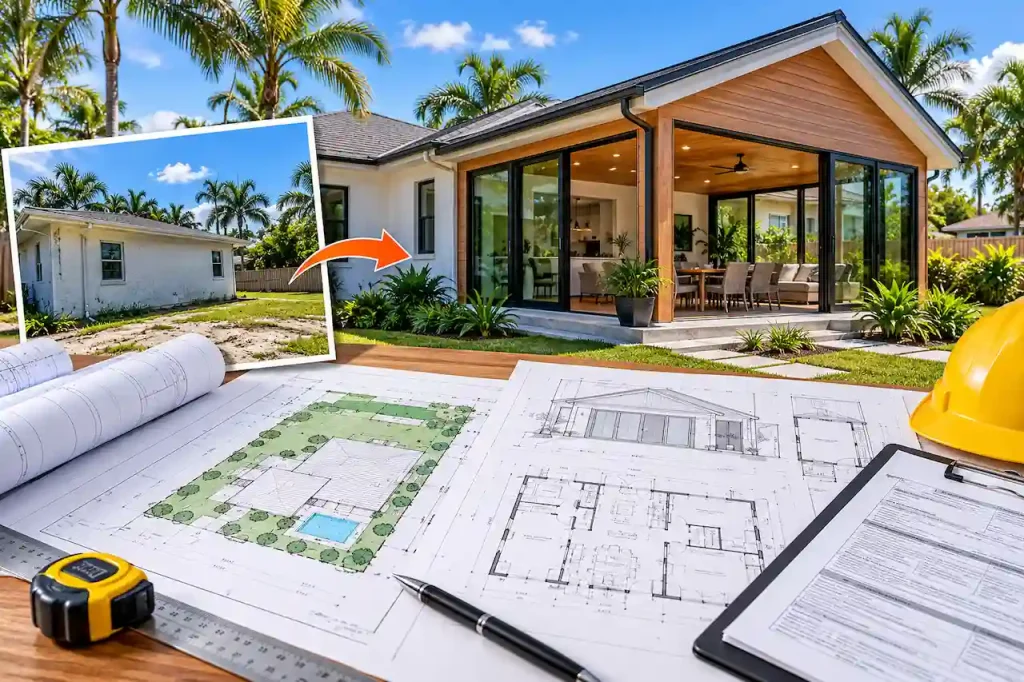 after the fact building permit plans showing an existing home addition, architectural drawings, site plans, and documentation to legalize previously completed construction.