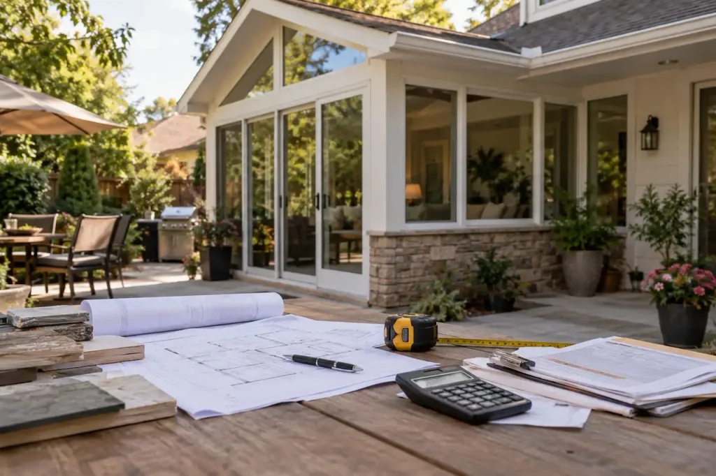Completed home addition with building permit drawings, cost estimates, and calculator for legalizing unpermitted work.