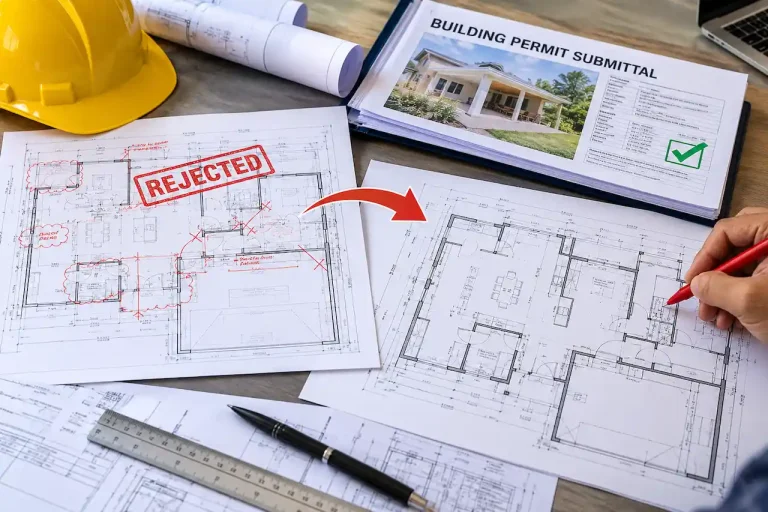Rejected building permit drawings with red correction marks alongside revised architectural plans prepared for permit resubmission.