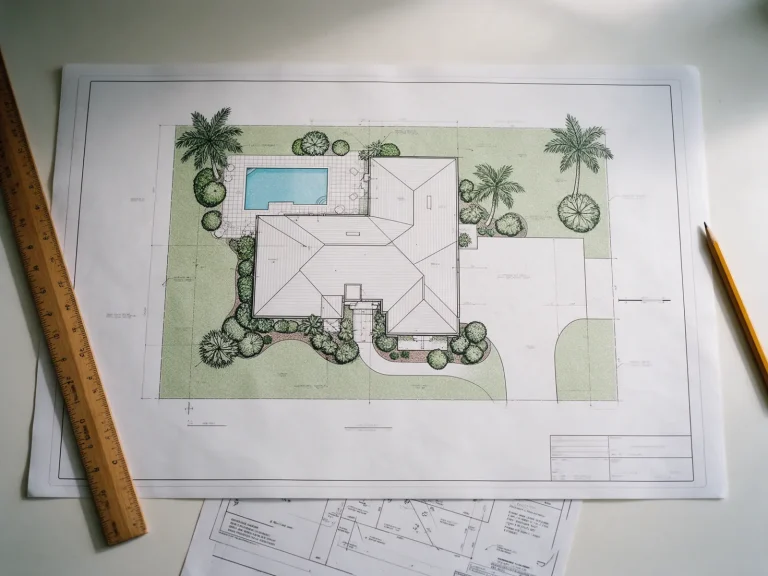 Printed residential site plan on a desk with a scale ruler and property survey