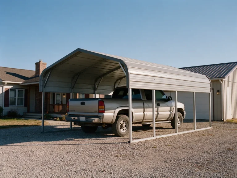 Metal carport sheltering a pickup truck
