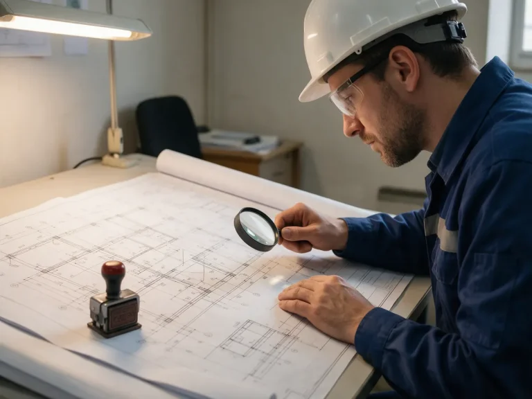 Engineer reviewing a plan set with a magnifier