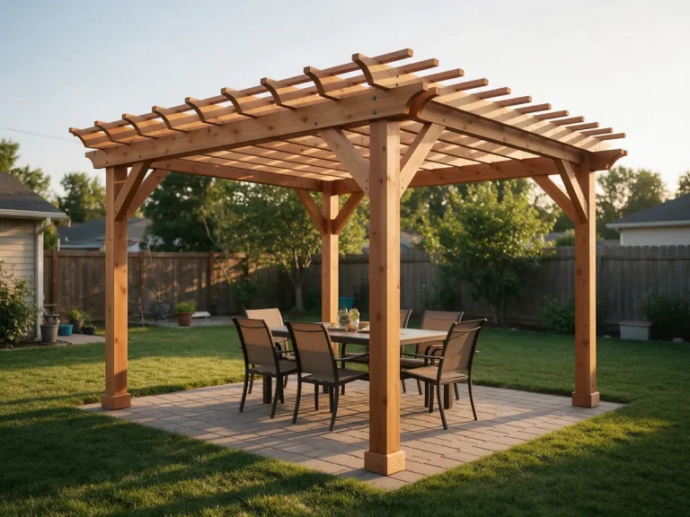 Cedar pergola over a backyard patio dining area