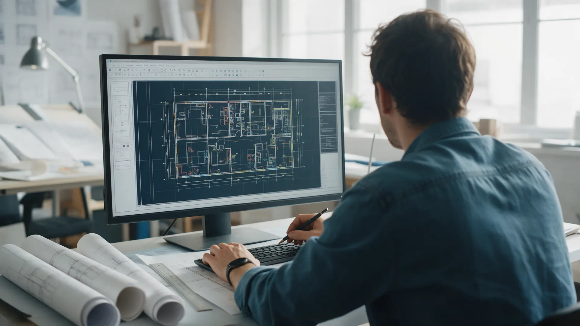 Drafter working on a CAD floor plan in a bright drafting studio