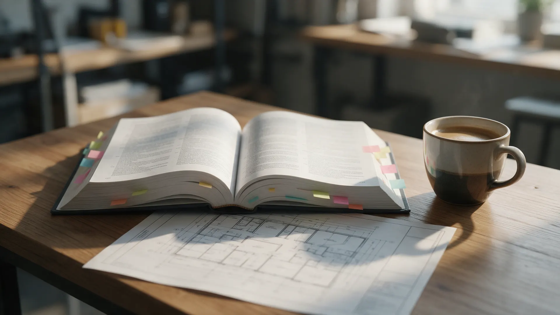Building code book with tabs and a printed site plan on a desk