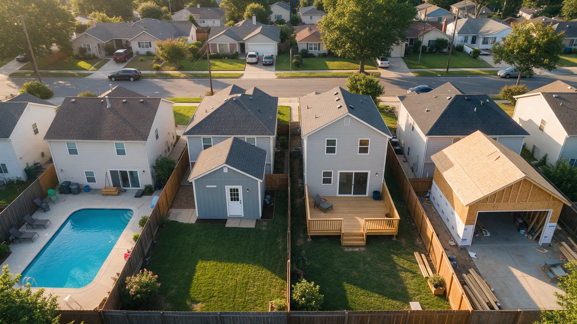 Aerial view of a suburban street with a pool, an accessory dwelling, a deck and a garage under construction