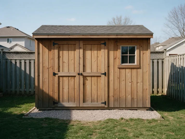 Wooden backyard storage shed with double doors