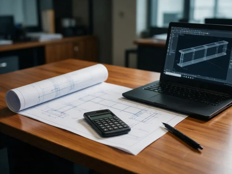 Engineering calculations with calculator and structural model on laptop