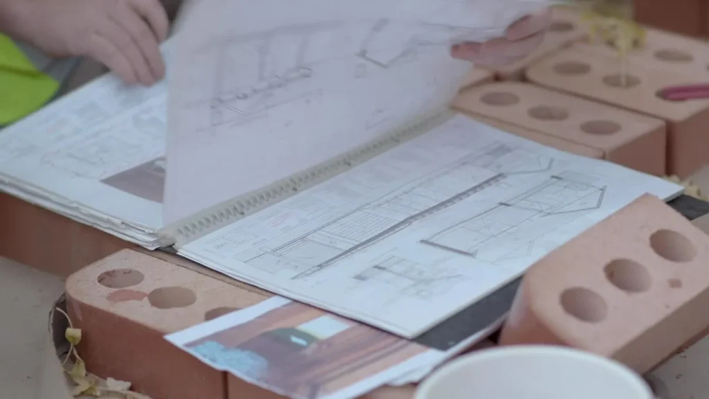 Permit drawing set open on a table at a construction site