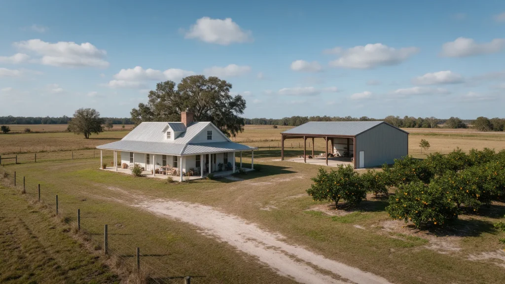 Farmhouse with a new metal pole barn beside a citrus grove