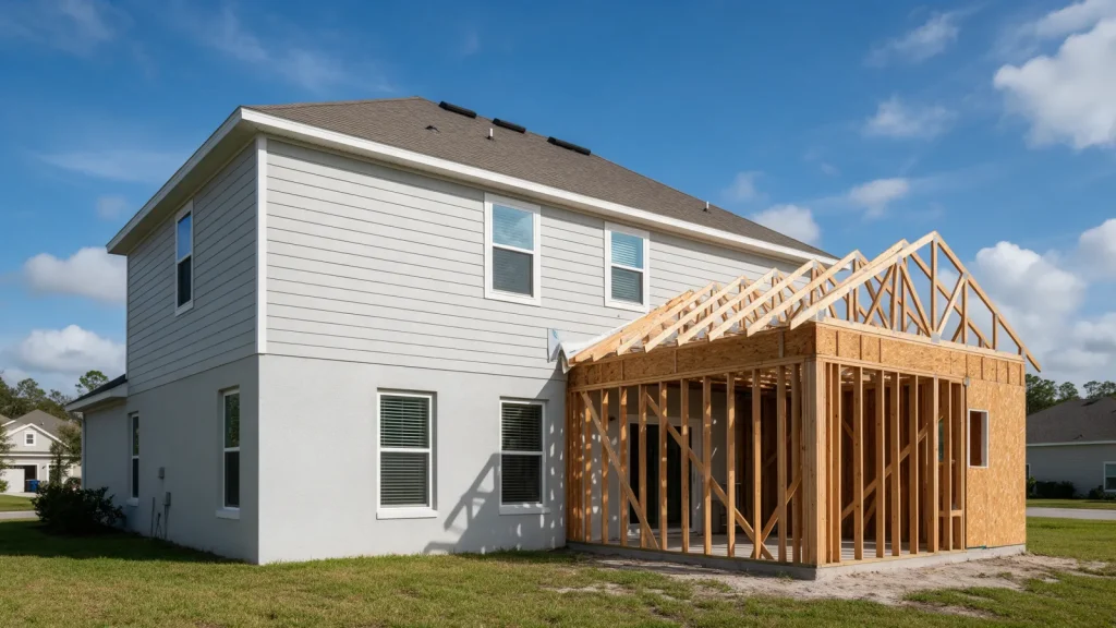 Two-story suburban home with a rear room addition being framed