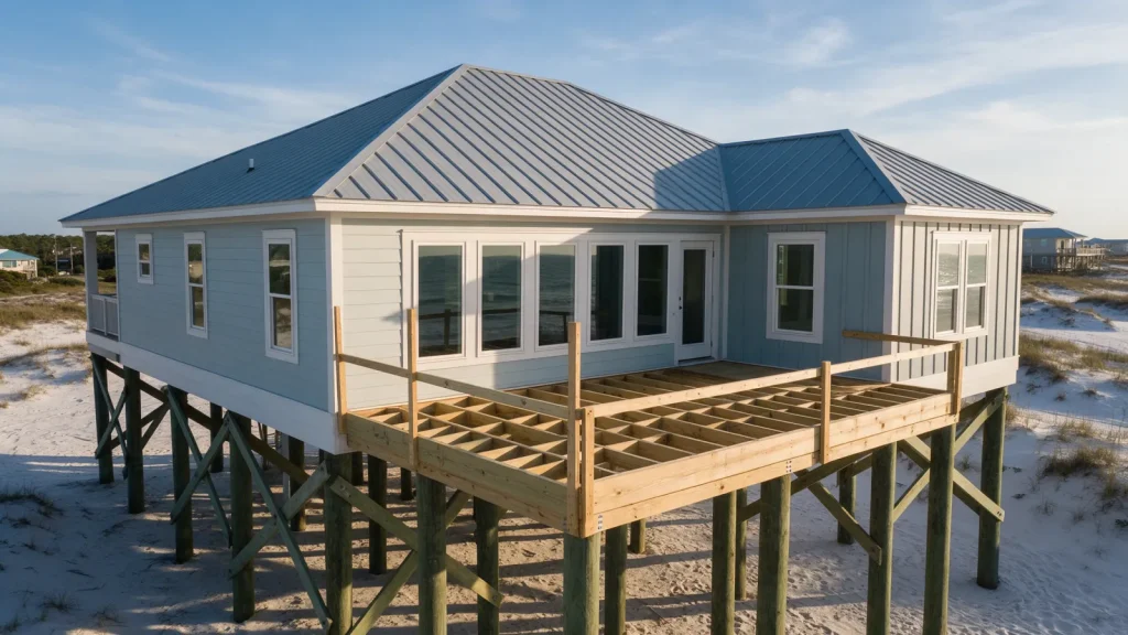 Raised coastal home on pilings near sand dunes with a new deck addition being framed