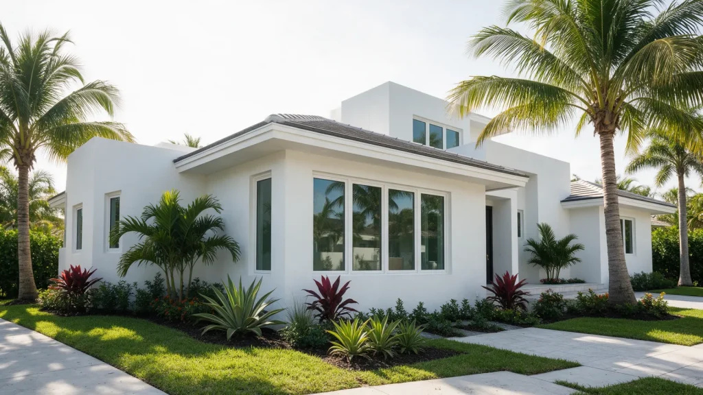 Modern white stucco home with impact windows and tropical landscaping